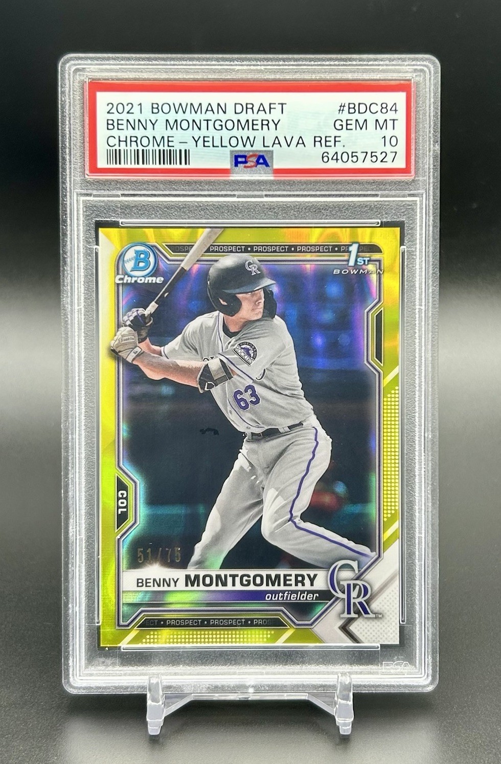 2021 Bowman Chrome 1st Benny Montgomery Yellow Lava Refractor /75 Rc PSA 10