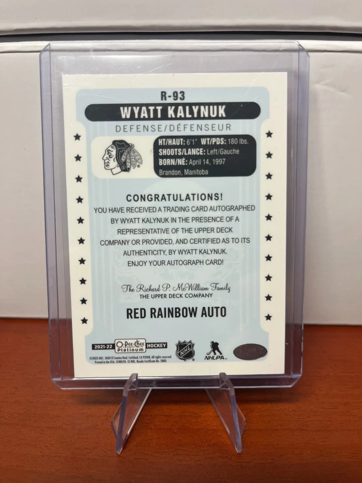 2021 O-Pee-Chee Platinum Retro Rookies Rainbow Red Wyatt Kalynuk Rookie Auto RC - Image 2 of 2