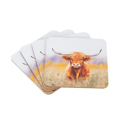 COCO & GRAY Coaster Set of 4 Highland Cow Design Square MDF Cork Anti-Slip Mat Tableware