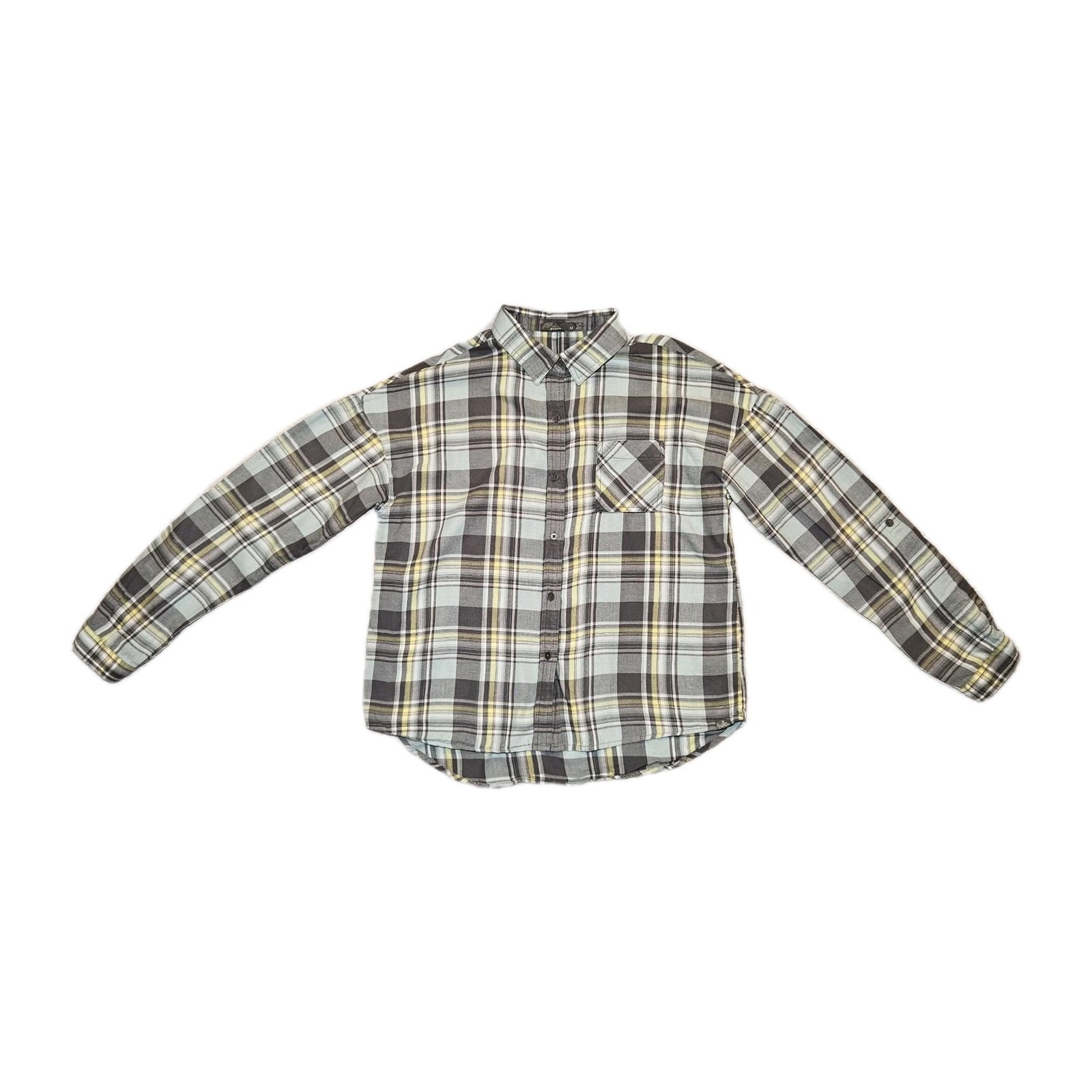 prAna Women's Medium Aqua Gray Yellow Plaid Flannel Button Down Organic Cotton