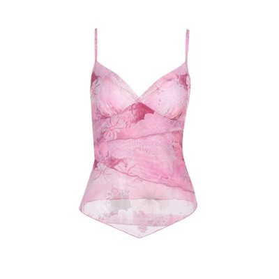 Damen Y2k Blumen-Tops V-Ausschnitt Wickel Unregelmäßiger Saum Ärmellos Spag4880