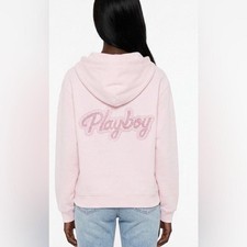 PLAYBOY Women Rhinestone Logo Zipper Hoodie Pastel Pink Medium