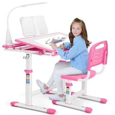 Pink Height Adjustable Kids Study Desk and Chair Set Girl Table with Lamp,Drawer