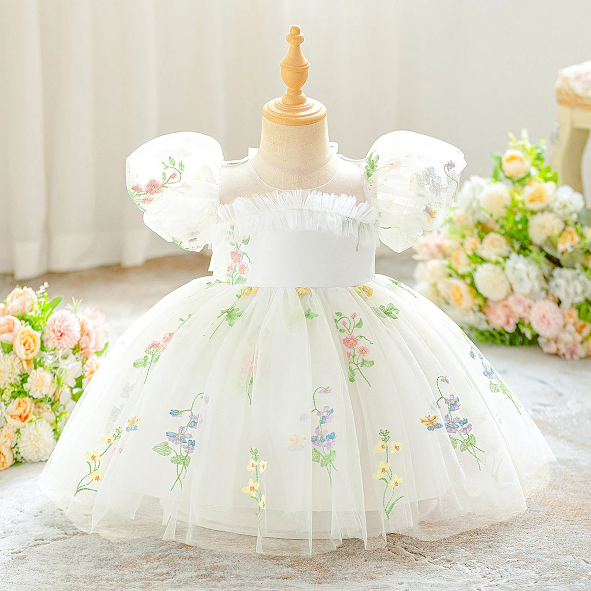 Toddler Embroidery Flower Baptism Party Baby Girl Dress 1 Yrs Dress Girl 