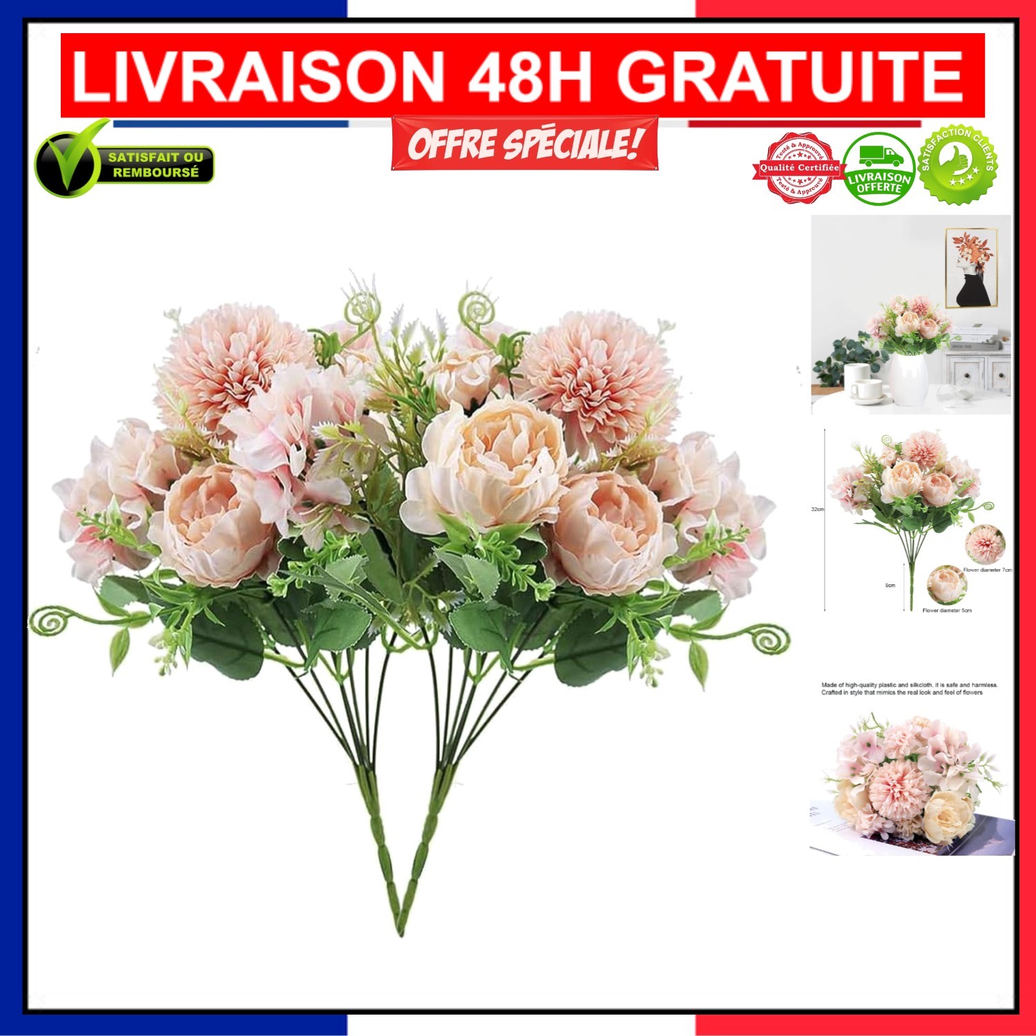 Arrangement Floral en Soie Premium avec Grandes Pivoines Artificielles