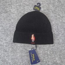 Polo Ralph Lauren Holiday Tartan Bear Embroider Rib Beanie Wool Blend Black NEW