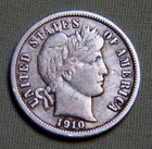 1910 United States Silver Barber Dime XF / AU High Grade Details - Lot 1709