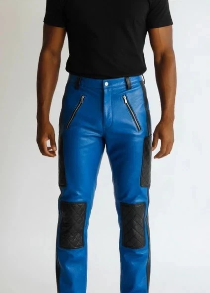 Nouveau pantalon en cuir de motard matelassé bleu pour homme | Pantalon en... - Photo 3/4