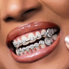 A Set 5a Iced Out Cz Teeth Grillz Hip Hop Silver Heart Grillz For Men Women