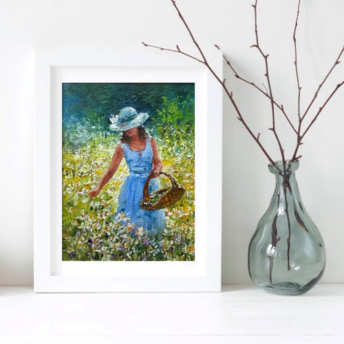 Chamomile Field Woman Picking Flowers Original oil painting summer 8x6in so - Picture 2 of 8