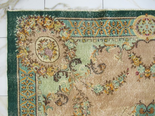Vintage Turkish Rug Large Wool Distressed Area Rug Green Floral Bohemian Carpet - Picture 11 of 22