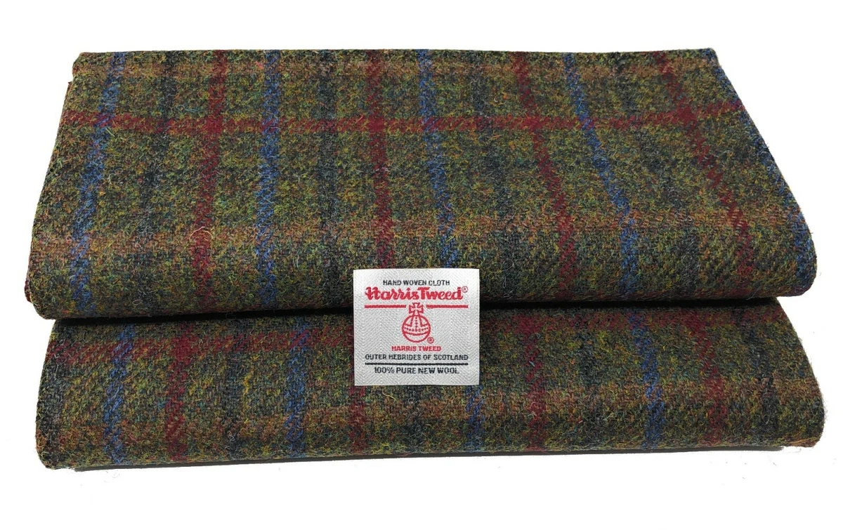 Harris Tweed Green Fabric With Red Blue Overcheck and Authenticity Labels