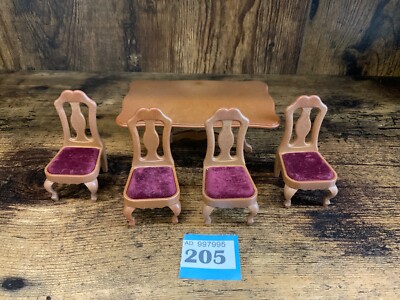 Sylvanian families dining table and four red velvet seat dining chairs  