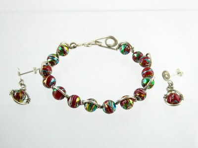 Handwerklich hergestellt Sterlingsilber Draht Wickel Rot Metall Perlen Armband Ohrringe Set