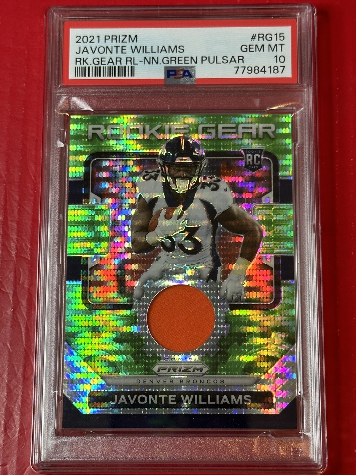 Javonte Williams Panini Prizm Rookie Gear Relics #RG15 Neon Green Pulsar