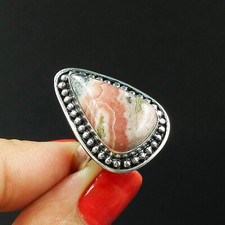 Natural Rhodochrosite Pear Gemstone 925 Sterling Silver Ring Size-7.75 US