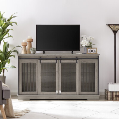 Wood+ Metal TV cabinet Dog Pet crate dog cage End table Pet Dog Kennel Gray 