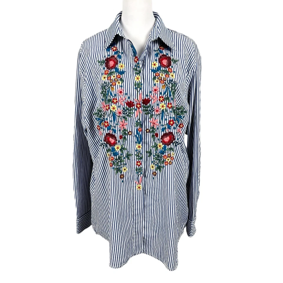 Blusa Zara Mujer M Azul Rayas Colorida Floral Bordada Larga Slv Botón Foto 3 de 4