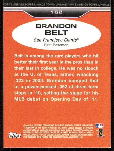 2011 Topps Lineage Diamond Anniversary Refractors #162 Brandon Belt - Picture 2 of 2
