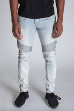 NWT - KDNK Men's 'PAINT SPLASH' Ice Blue MOTO JEANS - 34 X 32