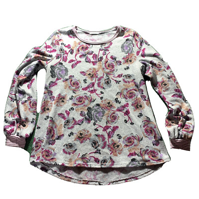 12PM Sweater By Mon Ami Women LG Gray Floral Roses Lightweight Top Travel Tunic