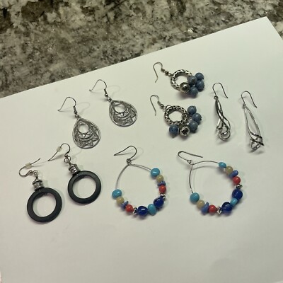 Lot Of 5 Costume Pierced Earrings Silver Tone Metal / Some Bead - Dangle Mix