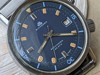 Vintage Bucherer Archimedes 20 ATM Super-Compressor Diver w/Blue Dial,Patina