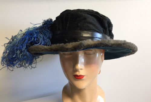 Edwardian Wide Brimmed Black Beaver Hat Blue Velvet & Brown Fur Trim 14” X 13” - Picture 1 of 12