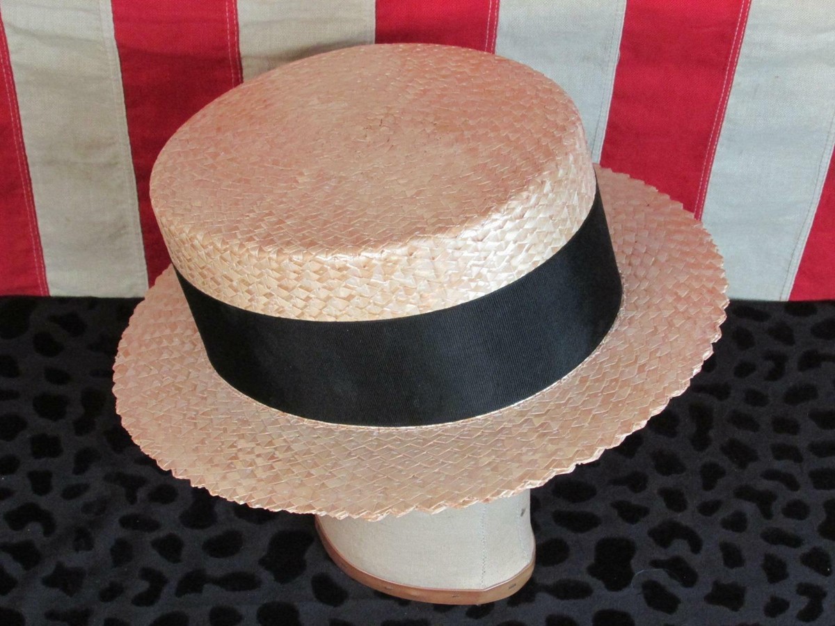 Vintage 1940s Japan Made Fine Straw Boater Hat Spectator Black 