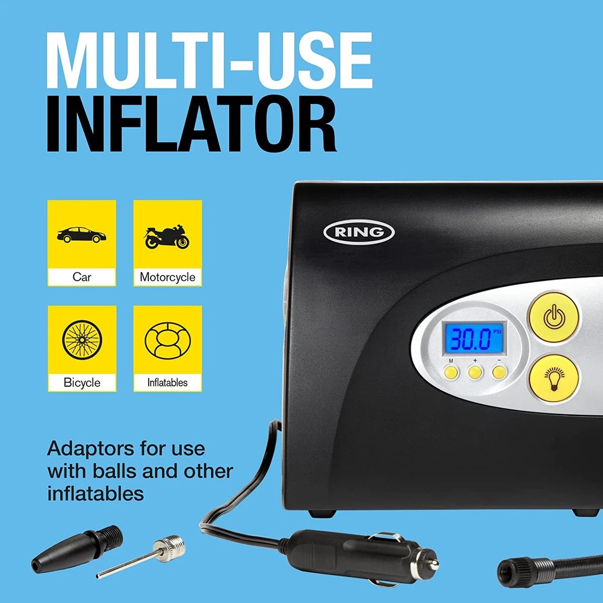 Ring Automotive RAC601 Digital Tyre Inflator Compressor Auto Stop Car Motorbike