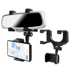 360° Car Rearview Mirror Rotation Adjustable Phone Holder Mount Multifunction US