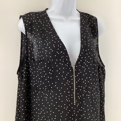 George UK 18 Black White Spot Zip Front Sleeveless Blouse Smart Casual - Picture 2 of 7