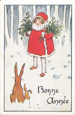 ILLUSTRATED CP SIGNED RAYNOLT GOOD YEAR LITTLE GIRL SNOW RABBITS - 61884