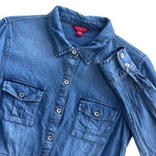 Guess Women's S Medium Wash Denim Long Sleeve Tie Waist Button Front Shirt Dress