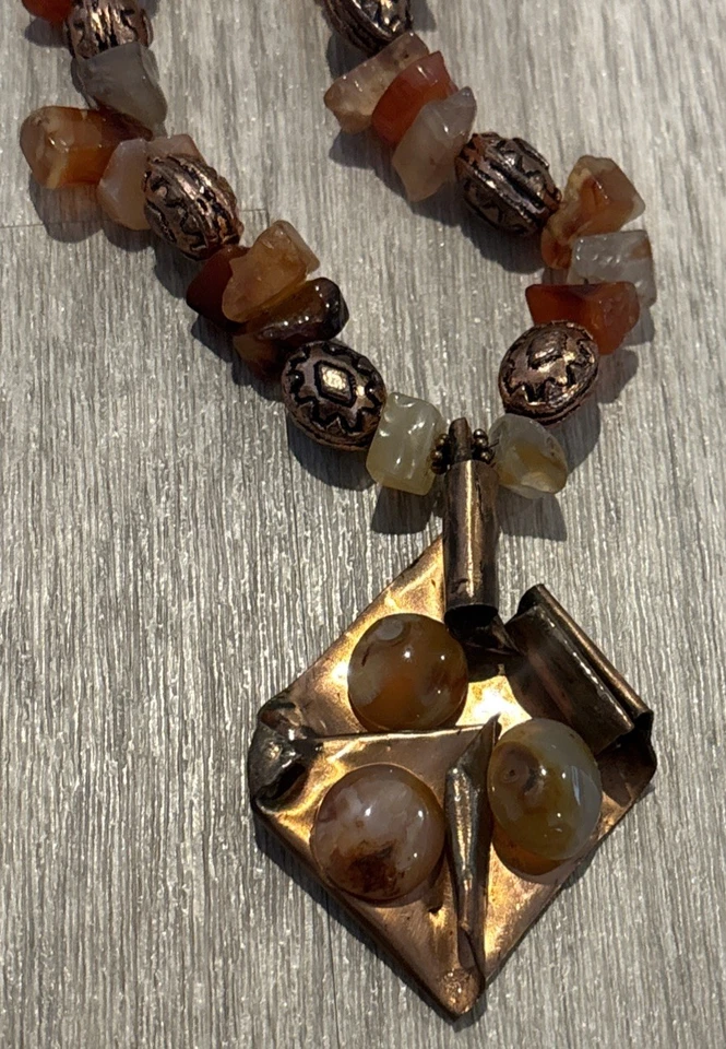 Collar llamativo vintage de cobre cornalina rojo ágata cuentas astilladas con colgante Foto 2 de 4