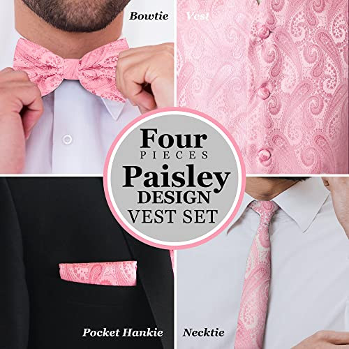 Oliver George Men's 4pc Paisley Design Waistcoat Tuxedo Dress Vest Medium Pink - Picture 4 of 6