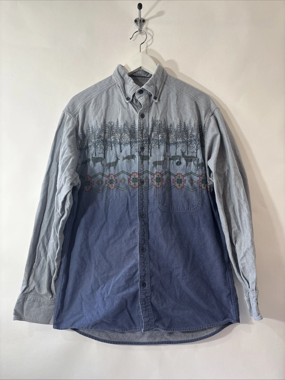 Cabelas Shirt Mens Blue Flannel Aztec Southwestern Deer Chamois Button Up Size M