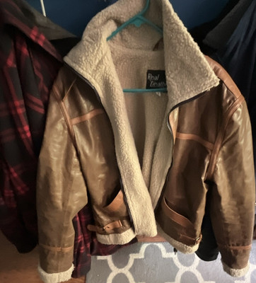 Real Leather Men s Brown Bomber Jacket Shearling Lined Buckle Belt XL 42''