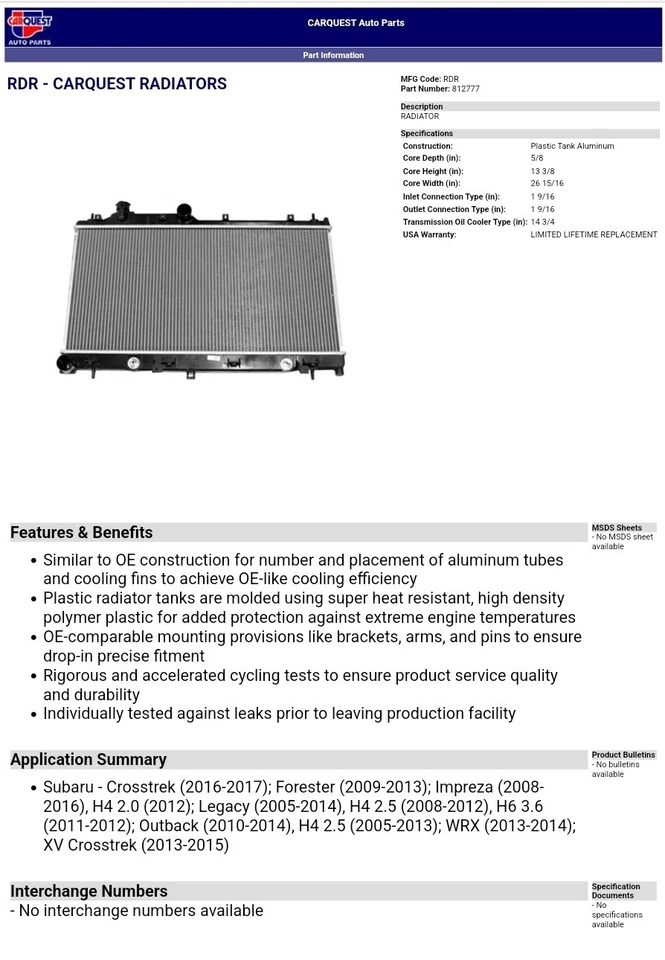 Radiador CARQUEST 812777 para Subaru Crosstrek Impreza selecto y más 2005-2017 Foto 2 de 2