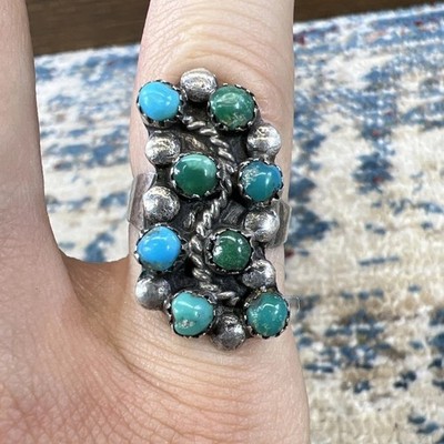 Vtg Navajo Cluster Turquoise Ring Sz 6 Sterling Silver Estate Squash Blossom