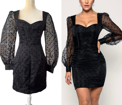MESHKI Women's Black Gracelyn Black Polka Dot Puff Sleeve Mini Corset Dress L