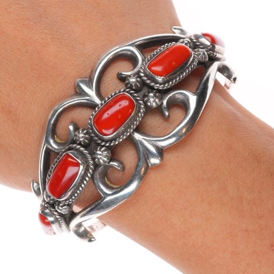 6.4'' Eddie Chee Navajo sandcast sterling silver red coral cuff bracelet