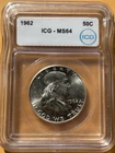 1962 Franklin Half Dollar IGC MS64 Blast White Proof Like 90% Silver .36169 ASW