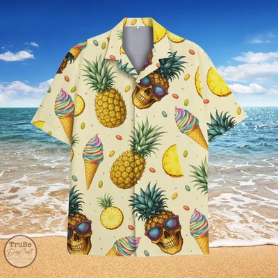 Skull Pineapple Hawaiian Shirt Summer Fruit Holiday Beach Ice Cream Aloha Top