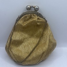 Vintage Gold Metallic Lam  Pouch Purse Arched Kiss Lock Hinged Evening Bag