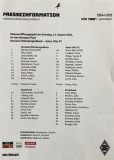 Borussia Monchengladbach v Aston Villa Pre Season Friendly TEAMSHEET 2026/27