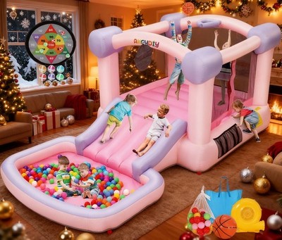 161x82x63 inch Water Bounce House with Slide,Ball Pit/Pool, Pink Bounce House 