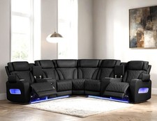 NEW 115" Wide LED Power Recliner Adj Headrest Modern Sectional Black BT Speaker