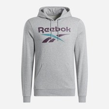 Reebok Identity Hoodie Grey Plum Size 2XL Fleece Stacked Logo Pullover Mens