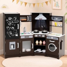 Corner Kids Play Kitchen Wooden Pretend Toy Kitchen w/ Realistic Lights Brown